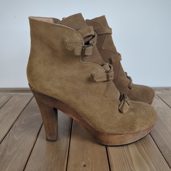 See by Chloe Solfo Buckle Wood Platform Ankle Boots Tan Suede - Picture 1 of 14